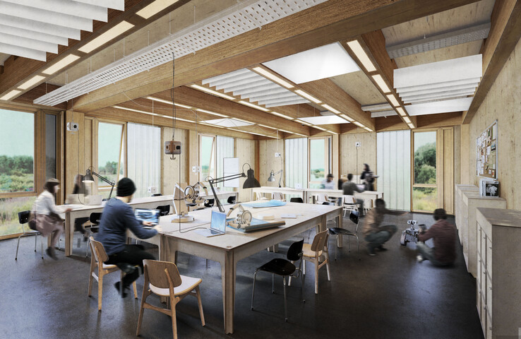 Ein visualisierter Innenraum mit Holztischen und Personen, die an Laptops arbeiten | © BIS/Partner und Partner