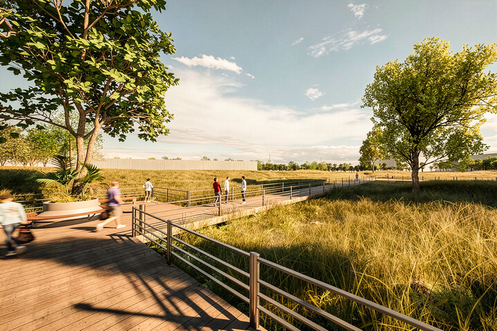 Visualisierung luniq Außenstege | © BIS / Tim David Müller-Zitzke Holzstege draußen in der Natur mit Gras und Bäumen und Personen, die auf denen Stegen stehen und laufen. | © BIS / Tim David Müller-Zitzke