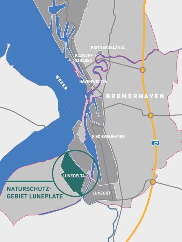 Planung Gewerbegebiet LUNEDELTA Karte von Bremerhaven mit unterschiedlichen Farben