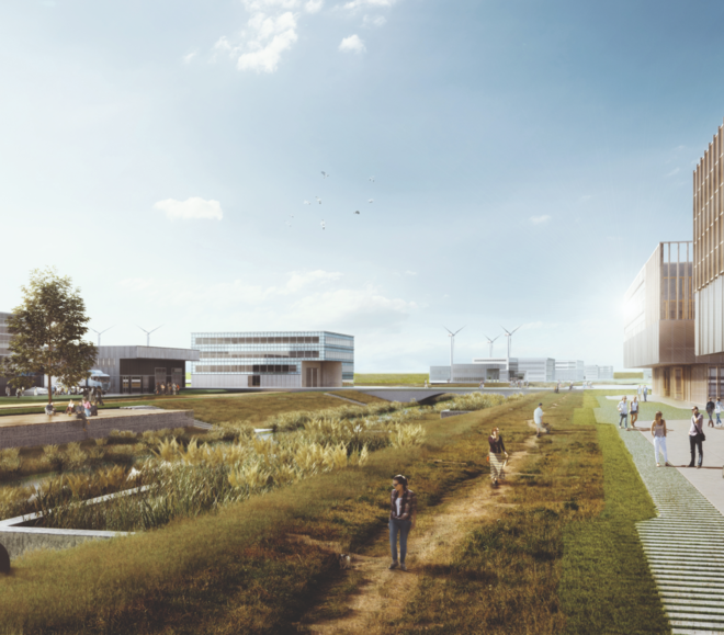 Visualisierung: Im LUNEDELTA florieren Wirtschaft und Natur | © BIS/Partner und Partner Architekten Es handelt sich um eine Visualisierung. Am rechten Bildrand ist angeschnitten ein Gebäude zu sehen, auf der linken Seite eine grüne Wiese. Dazwischen sind mehrere Personen abgebildet. | © BIS/Partner und Partner Architekten