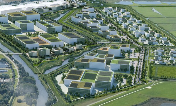 LUNEDELTA - Blick von der Weser | © BIS/urbanegestalt PartGmbB Auf dieser Visualisierung sind einige Gebäude und viele Grünflächen von oben zu sehen | © BIS/urbanegestalt PartGmbB