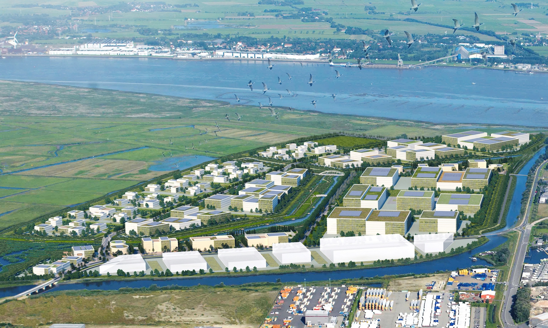 Das LUNEDELTA mit Blick Richtung Nordsee | © BIS/urbanegestalt PartGmbB Luftbild eines Gewerbegbiets mit Gebäuden und Wasser im Hintergrund | © BIS/urbanegestalt PartGmbB