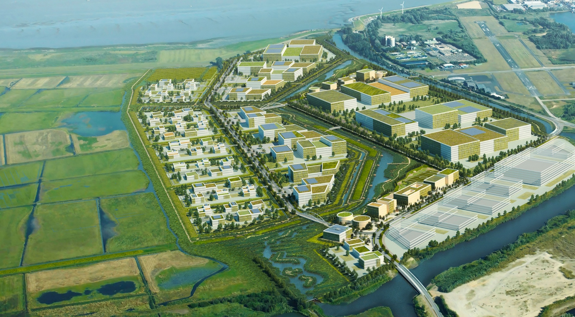 LUNEDELTA - Blick Richtung Bremerhaven | © BIS / urbanegestalt PartGmbG Visualisierung eines Gewerbegebiets von oben | © BIS / urbanegestalt PartGmbG