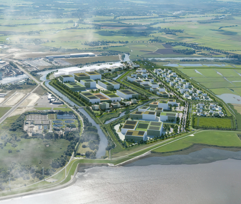LUNEDELTA Blick von der Weser | © BIS / urbanegestalt PartGmbB Visualisierung des nachhaltigen Gewerbegebietes LUNEDELTA mit Blick auf das Gebiet von dem Fluss Weser aus | © BIS / urbanegestalt PartGmbB
