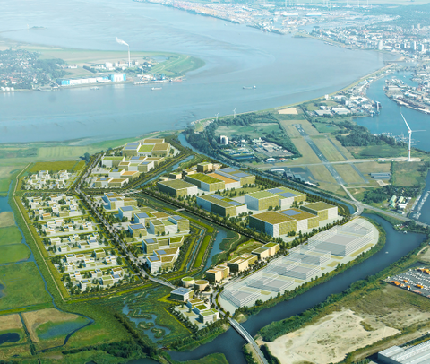 Visualisierung des nachhaltigen Gewerbegebietes LUNEDELTA mit Blick auf Bremerhaven | © BIS / urbanegestalt PartGmbB