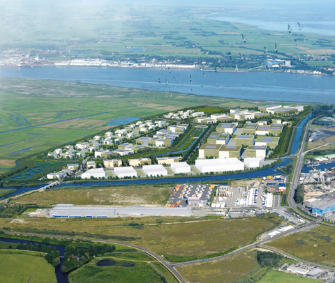 LUNEDELTA Blich Richtung Nordsee | © BIS / urbanegestalt PartGmbB Visualisierung des nachhaltigen Gewerbegebietes LUNEDELTA mit Blick auf die Nordsee | © BIS / urbanegestalt PartGmbB