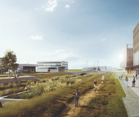 Es handelt sich um eine Visualisierung des LUNEDELTA Bremerhaven. Am rechten Bildrand ist angeschnitten ein Gebäude zu sehen, auf der linken Seite eine grüne Wiese. Dazwischen sind mehrere Personen abgebildet. | © BIS/Partner und Partner Architekten