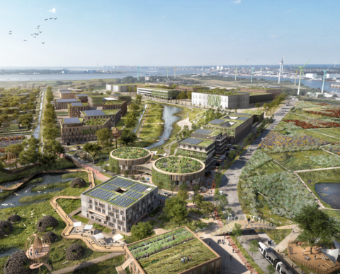 Utopie LUNEDELTA in Bremerhaven | © Reinventing Society & loomn, Foto: Dennis Vogt Eine große Fläche mit Naturschutzflächen, begrünten Gebäuden und Weideland. Im Hintergrund ist die Stadt Bremerhaven zu sehen. | © Reinventing Society & loomn, Foto: Dennis Vogt
