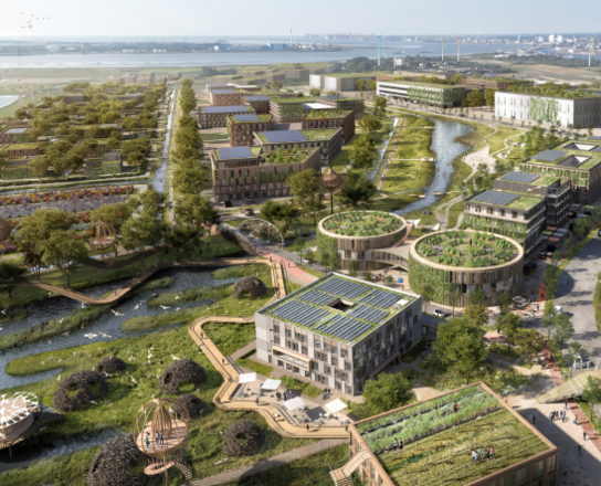 Realutopie LUNEDELTA | © Reinventing Society & loomn, Foto: Dennis Vogt, Architekturvorlage: Tim David Müller-Zitzke Visualisierung eines grünen Gewerbegebiets | © Reinventing Society & loomn, Foto: Dennis Vogt, Architekturvorlage: Tim David Müller-Zitzke