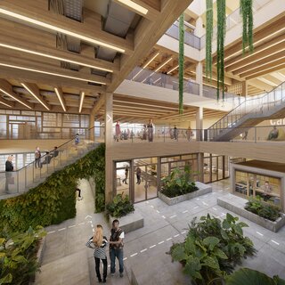 Innenperspektive Lobby des Gründungszentrums | © BIS/Partner und Partner Ein großer Raum von innen mit mehreren Etage | © BIS/Partner und Partner