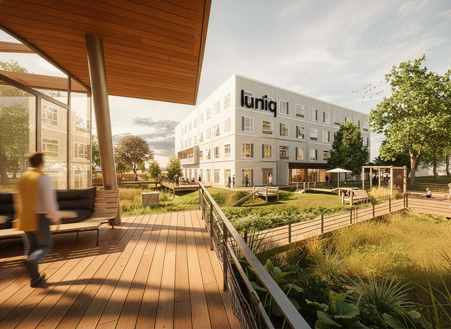 Visualisierung luniq Außenansicht mit Logo | © BIS / Tim David Müller-Zitzke Ein weißes Gebäude von außen in der Natur | © BIS / Tim David Müller-Zitzke