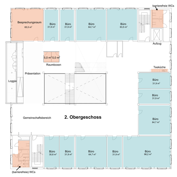 2. Obergeschoss Grundriss des luniq | © BIS / Partner und Partner Architektur Grundriss eines Bürogebäudes mit Besprechungsräumen, Einzelbüros und Sanitäranlagen | © BIS / Partner und Partner Architektur