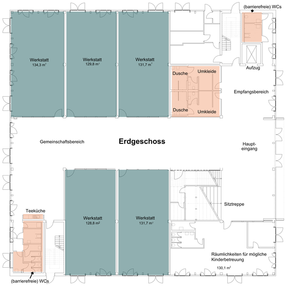 Erdgeschoss Grundriss des luniq | © BIS / Partner und Partner Architektur Grundriss eines Bürogebäudes mit Empfang, Werkstätten und Sanitäranlagen. | © BIS / Partner und Partner Architektur