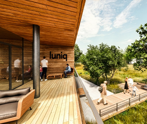 Visualisierung der Loggia des luniq mit viel Holz und Blick ins Grüne | © BIS / Tim David Müller-Zitzke