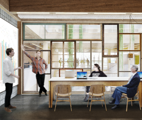 Visualisierung eines Meetingraums im luniq mit einer großen Leinwand und Menschen, die etwas präsentieren | © BIS / Partner und Partner Architektur