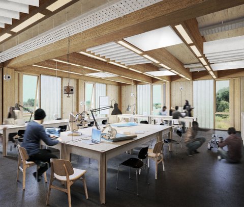 Visualisierung einer Werkstatt im luniq, wo Leute an Laptops arbeiten, auf dem Boden sitzen und sich miteinander unterhalten | © BIS / Partner und Partner Architektur