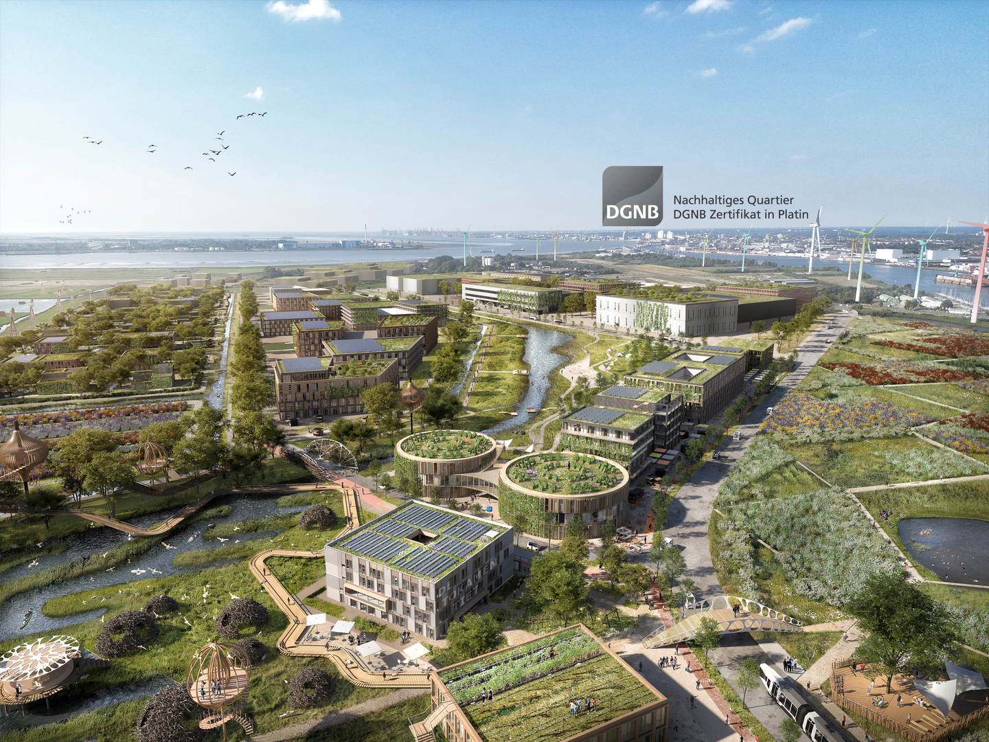 Zukunftsgrafik vom LUNEDELTA Gebiet mit visualisierten Gebäuden und Grünflächen | ©  Reinventing Society & Loomn 
