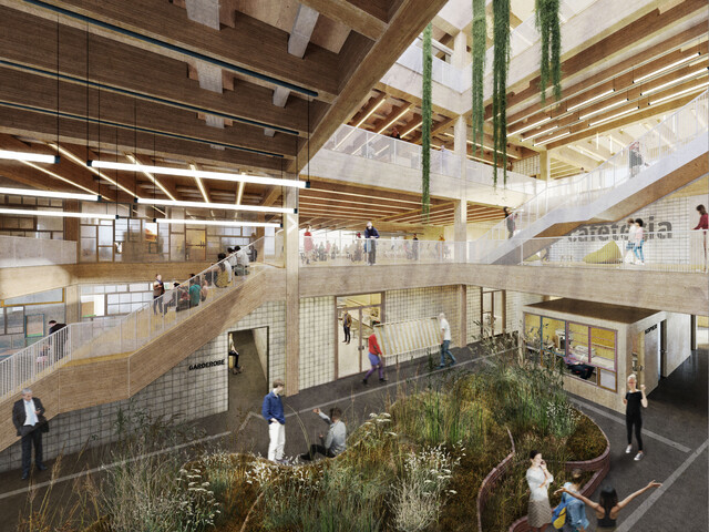 Das Foyer im Gründungszentrum | © BIS/Partner und Partner Ein visualisiertes Foyer mit Holzverkleidun und Begrünung, in dem sich Menschen aufhalten | © BIS/Partner und Partner