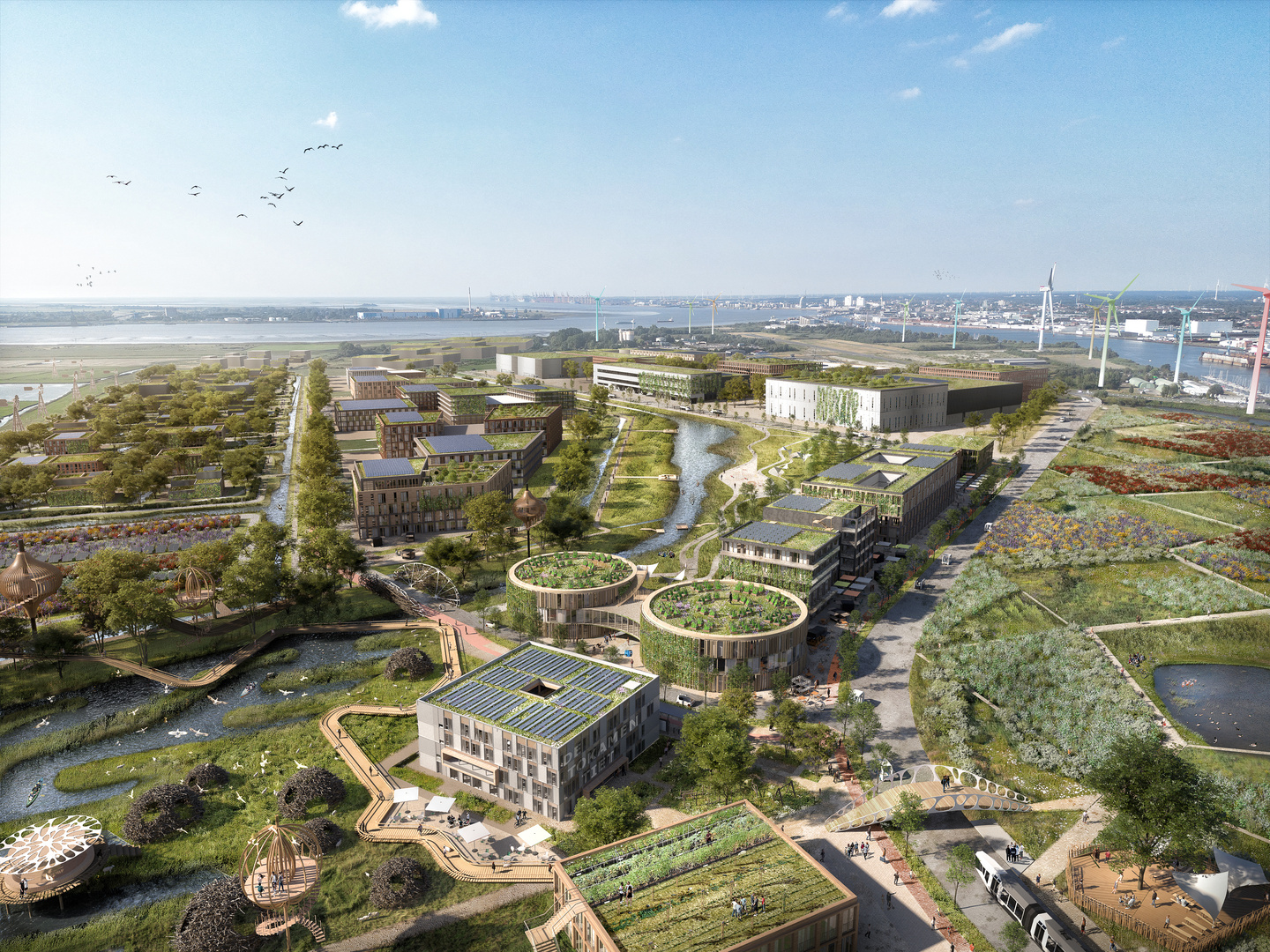 Zukunftsgrafik vom LUNEDELTA Gebiet mit visualisierten Gebäuden und Grünflächen | ©  Reinventing Society & Loomn 